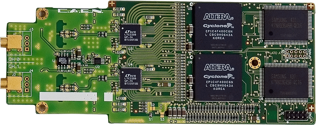 Digitizer Daughterboard: This defines the digitizer type and includes the signal conditioning input stage, the ADCs, an FPGA for data processing, and the memories.