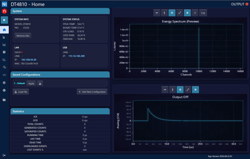 DT4810 web interface: the Home page provides a real-time overview of system status, network connectivity, statistics and live previews of the emulated energy spectrum and analog waveform.