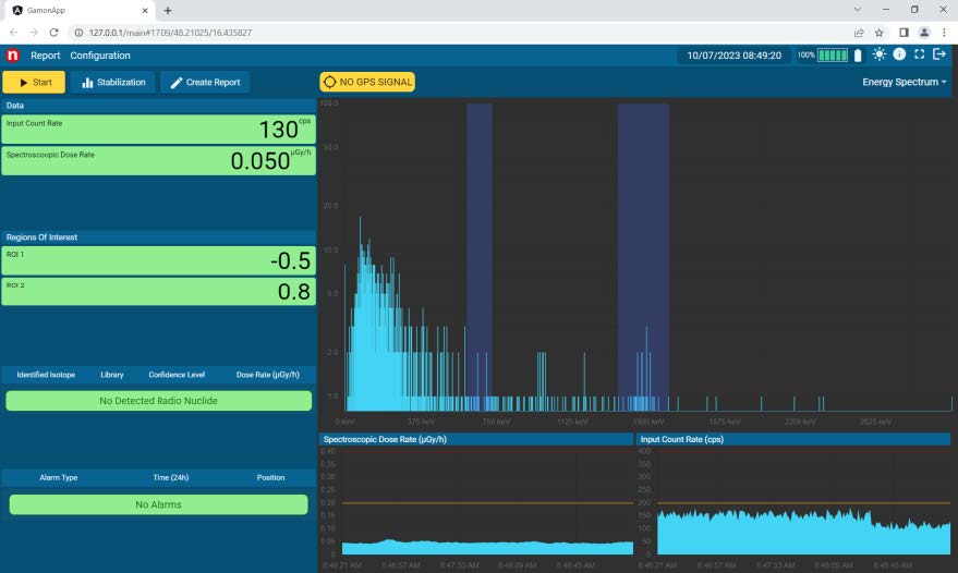 GamonApp live dashboard &mdash; energy spectrum, dose rate, isotope identification and alarm status