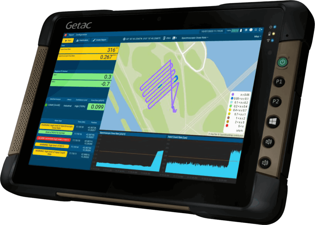 GamonApp survey view on Tablet &mdash; GPS flight path with dose rate and radionuclides analysis